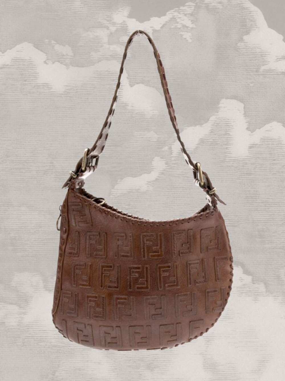 FENDI Logo SIgnature Leather Oyster Shoulder Bag Hobo Y2K Cognac whipstitch